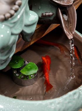 中式风观音鱼缸加湿器流水摆件