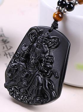 天然黑曜石正武五路财神爷赵公明牌招财令吊坠男挂件道家法器饰品