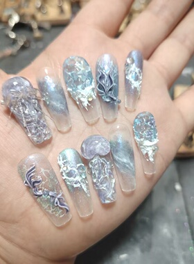 水母纯手工温变穿戴甲蓝色爆闪手绘美甲贴片成品立体鱼雕高品质70