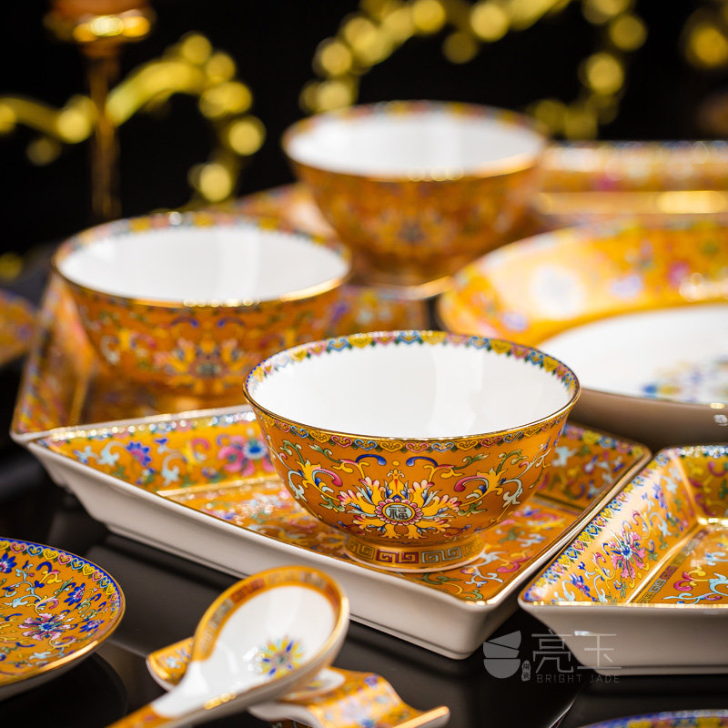景德镇中式家用碗碟碗盘宫廷珐琅彩拼盘套装组合骨瓷餐具乔迁送礼,淘宝优惠券,粉丝福利购,淘宝优惠卷