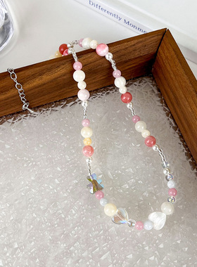 网红爆款甜美可爱风草莓晶小熊贝壳糖果色串珠项链少女心童趣颈链