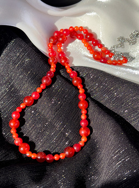 新中式时尚感新年喜庆红色大小圆球串珠项链个性显白锁骨链配饰女