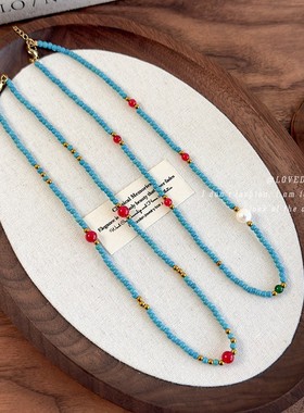 高级感红蓝相间蓝色珠串珠项链