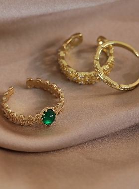 轻奢祖母绿宝石戒指小众时尚精致复古微镶锆石网格食指戒个性指环