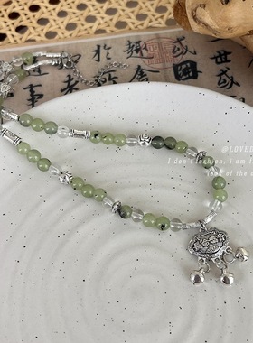新中式绿色水晶平安锁铃铛项链文艺复古民族风配饰小众设计锁骨链