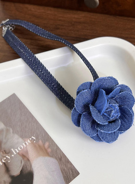 复古气质立体牛仔蓝花朵颈链丝带项圈设计感优雅锁骨项链绑带项链