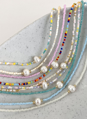 ins风天然石串珠小众项链女2023新款爆款淡水珍珠颈链叠戴锁骨链