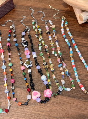 多巴胺女孩琉璃串珠项链复古ins彩色手工锁骨链小众饰品抖快同款