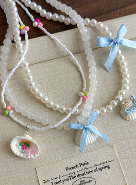 蓝色海洋星星串珠贝壳项链