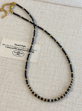 黑色串珠锆石项链女法式复古