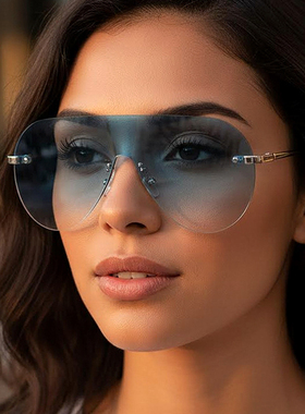 连体大框太阳眼镜女金属无框墨镜