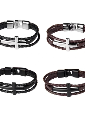 thomas sabo个性编织皮革手绳学生情侣手带简约不锈钢十字架手链