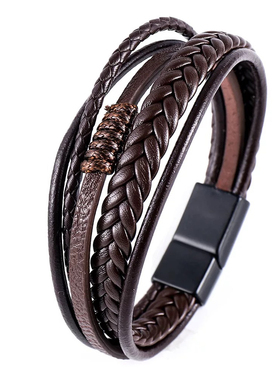 2025新款饰品牛皮绳编织皮男士手链高档合金磁扣皮手环男女手环链