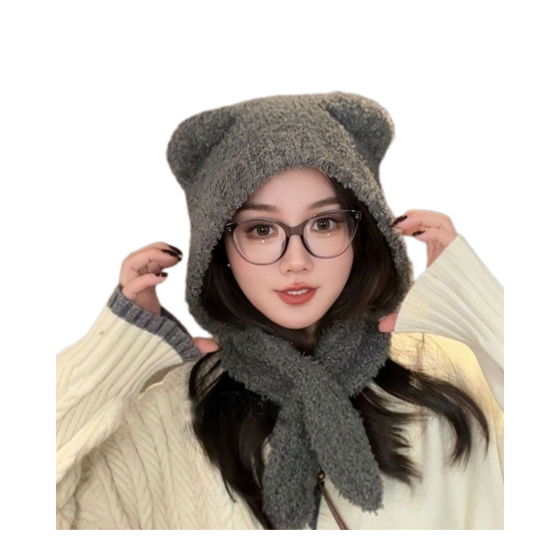 冬季新款帽子围脖毛绒小熊耳朵针织可爱大头毛线帽保暖护耳二合一,淘宝优惠券,粉丝福利购,淘宝优惠卷