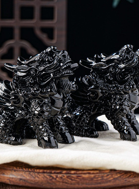 正品黑曜石麒麟摆件 水晶原石雕刻家居办公风水摆件 水晶工艺品