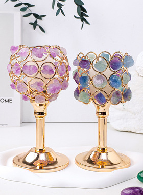 正品天然紫水晶粉晶原石婚庆烛台摆件萤石烛台欧士家居装饰