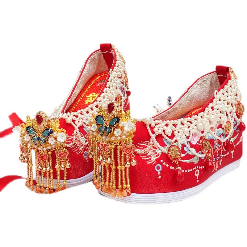 原创古风汉服鞋子女内增高跟古装绣花中式秀禾婚鞋蝶恋花项链鞋厚,淘宝优惠券,粉丝福利购,淘宝优惠卷