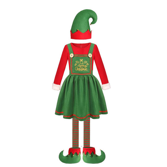 新款成人儿童圣诞精灵扮演服万圣节红绿精灵圣诞亲子装派对表演服