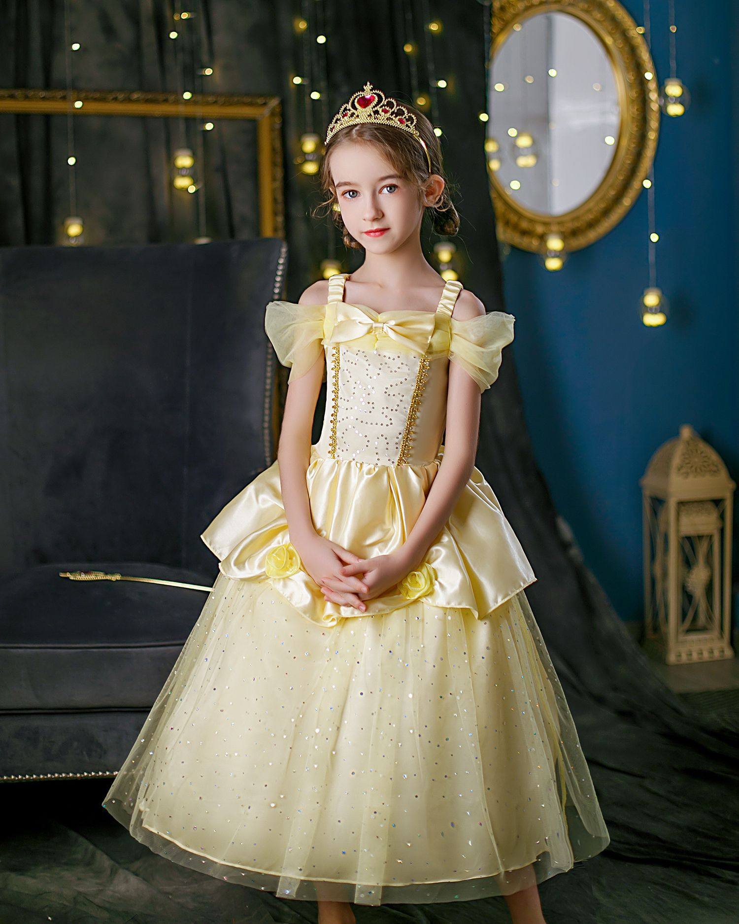 新款女童贝儿公主裙迪士尼儿童礼服裙万圣节美女与野兽belle cos