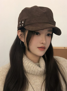 韩版复古麂皮海军帽女秋冬美拉德色系铆钉显脸小百搭鸭舌帽画家帽