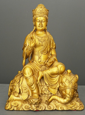 文殊菩萨像纯黄铜普贤菩萨佛像一套坐像华严三圣家居客厅书房摆件