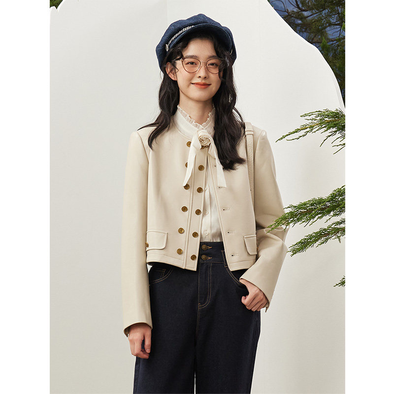 PIT米白色双排扣皮衣短外套女2026春季新款百搭显瘦上衣,淘宝优惠券,粉丝福利购,淘宝优惠卷