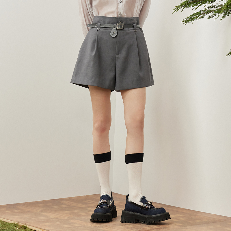 PIT复古休闲灰色短裤高腰显瘦女士百搭休闲裤2025春季新款a字裤 - 图1