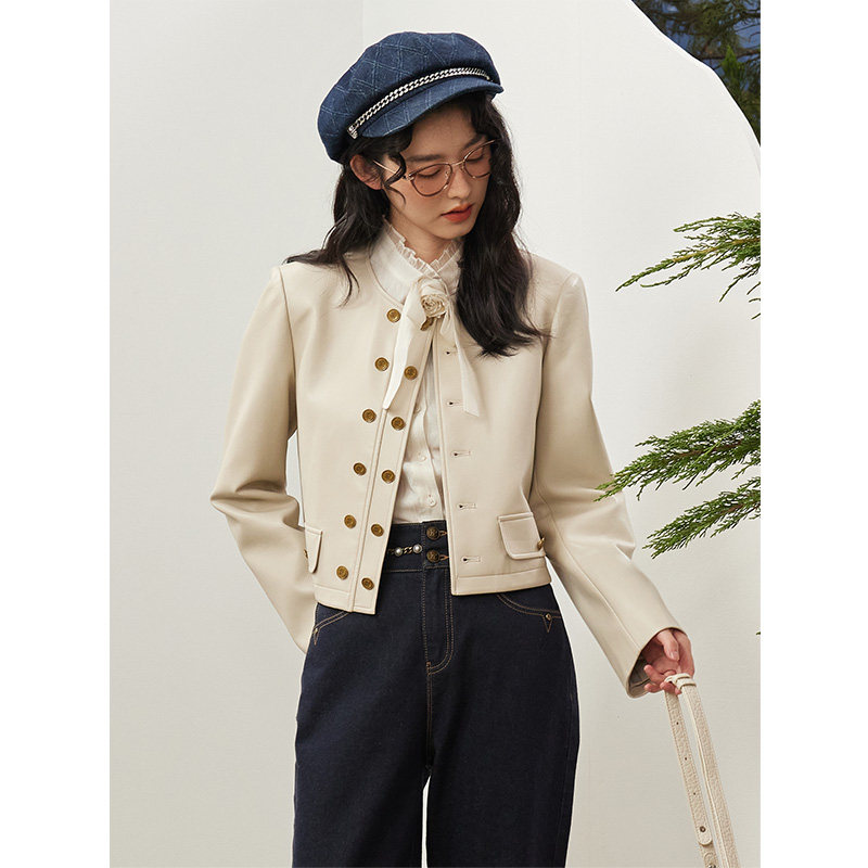 PIT米白色双排扣皮衣短外套女2026春季新款百搭显瘦上衣,淘宝优惠券,粉丝福利购,淘宝优惠卷
