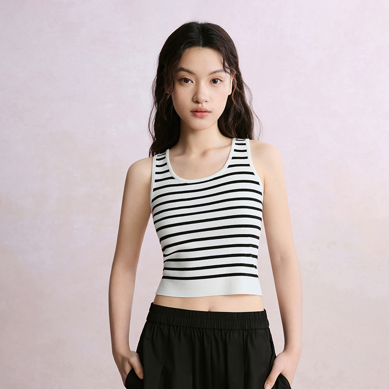 PIT撞色条纹无袖短款修身吊带背心女2025夏U型领内搭外穿打底上衣 - 图0