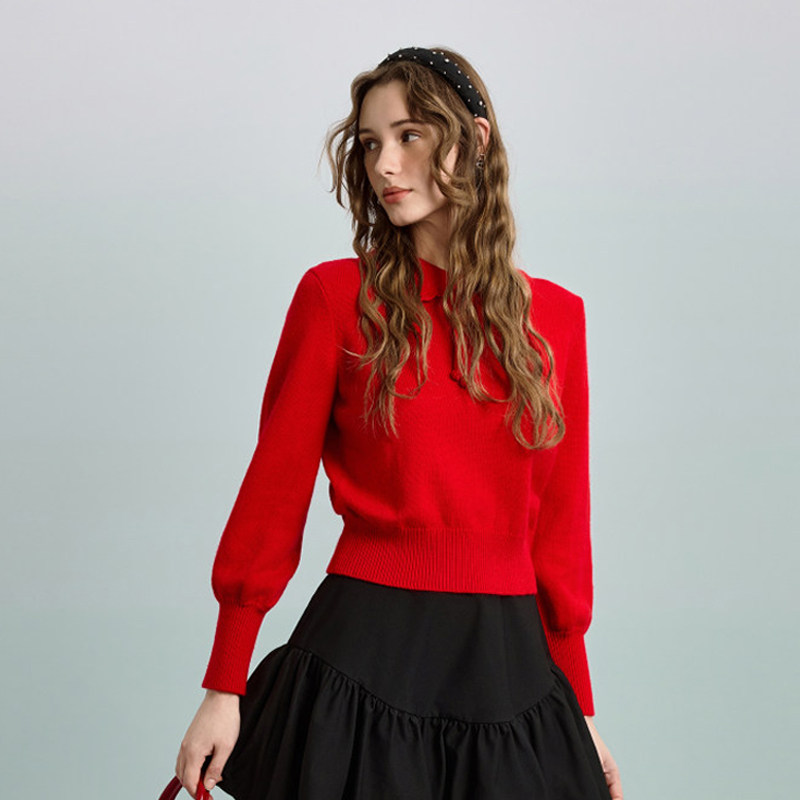 PIT复古国风娃娃领盘扣毛针织衫红色跨年新年百搭打底上衣内搭,淘宝优惠券,粉丝福利购,淘宝优惠卷