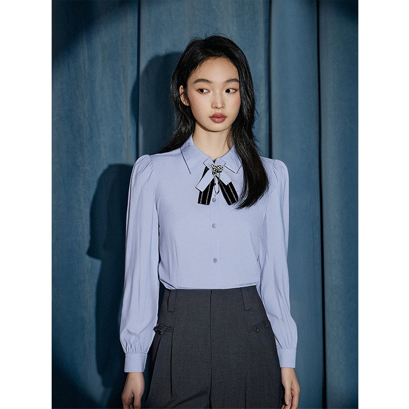 PIT法式复古蓝色领结长袖雪纺衫衬衫女2025夏薄款透气打底衫上衣,淘宝优惠券,粉丝福利购,淘宝优惠卷