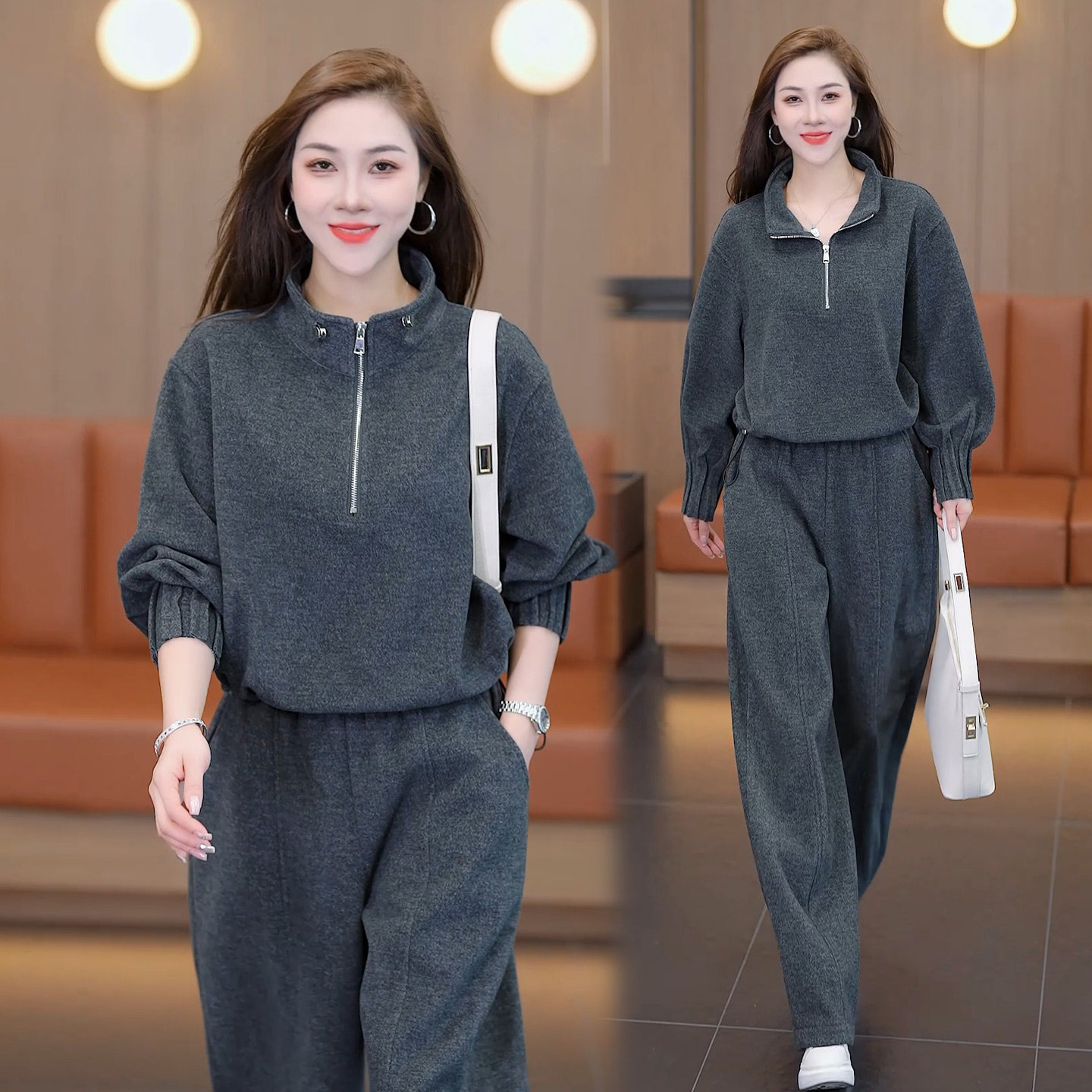 休闲立领半拉链卫衣阔腿裤两件套女秋冬新款宽松韩版加绒运动套装,淘宝优惠券,粉丝福利购,淘宝优惠卷