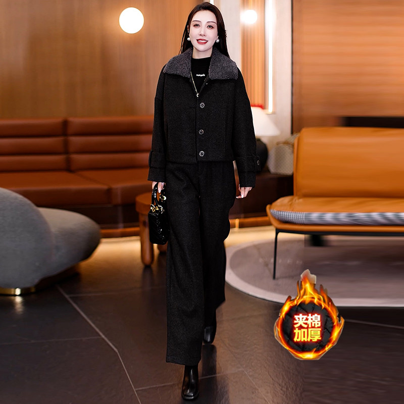 时尚套装女冬季新款宽松显瘦夹棉保暖翻领毛呢外套阔腿裤两件套潮,淘宝优惠券,粉丝福利购,淘宝优惠卷