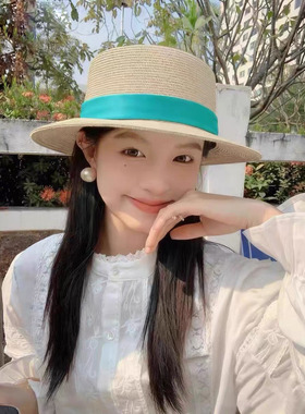 头不圆！法式平顶草帽女夏度假风田园出游海边遮阳防晒帽子礼帽