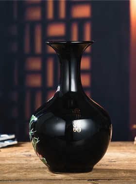 新中式陶瓷乌金釉荷花瓶客厅酒柜装饰瓶摆件花瓶器书房博古架摆设