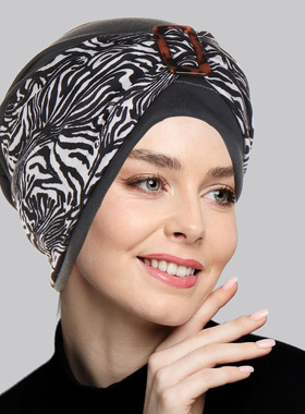 Turban 时尚花纹女款头巾帽纽扣额头发带女士套头帽子百搭日常