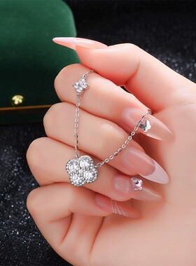 s999纯银四叶草项链女闪钻锁骨链