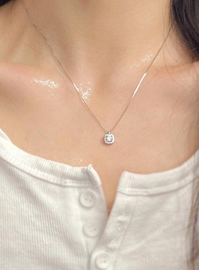 S999纯银方糖项链女吊坠锁骨链