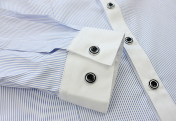 ຄໍສີຂາວຂອງແມ່ຍິງ spliced ​​​​blue pinstripe shirt V-neck fashion slim OL formal shirt work clothes anti-exposure