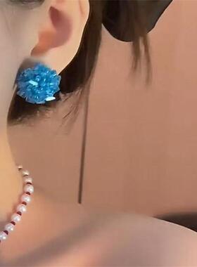 清凉蓝色水晶耳钉着简约手工串珠