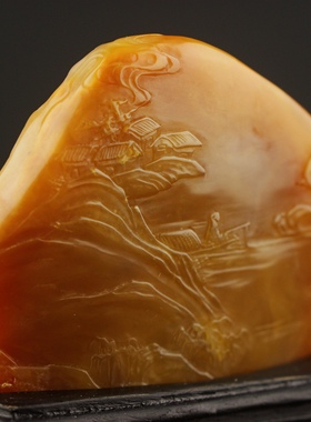 老挝北部田黄石薄意摆件《西湖泛舟》国石手工雕刻收藏工艺品直销