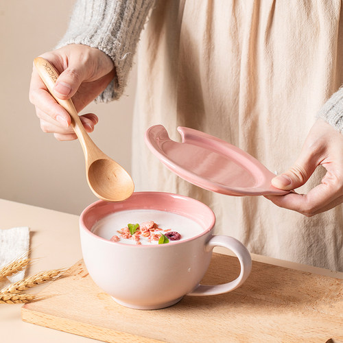 燕麦杯早餐杯带盖勺大容量汤杯可微波炉加热陶瓷麦片杯牛奶杯酸奶-图0