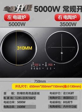 5000W大功率猛火电磁炉双灶头嵌