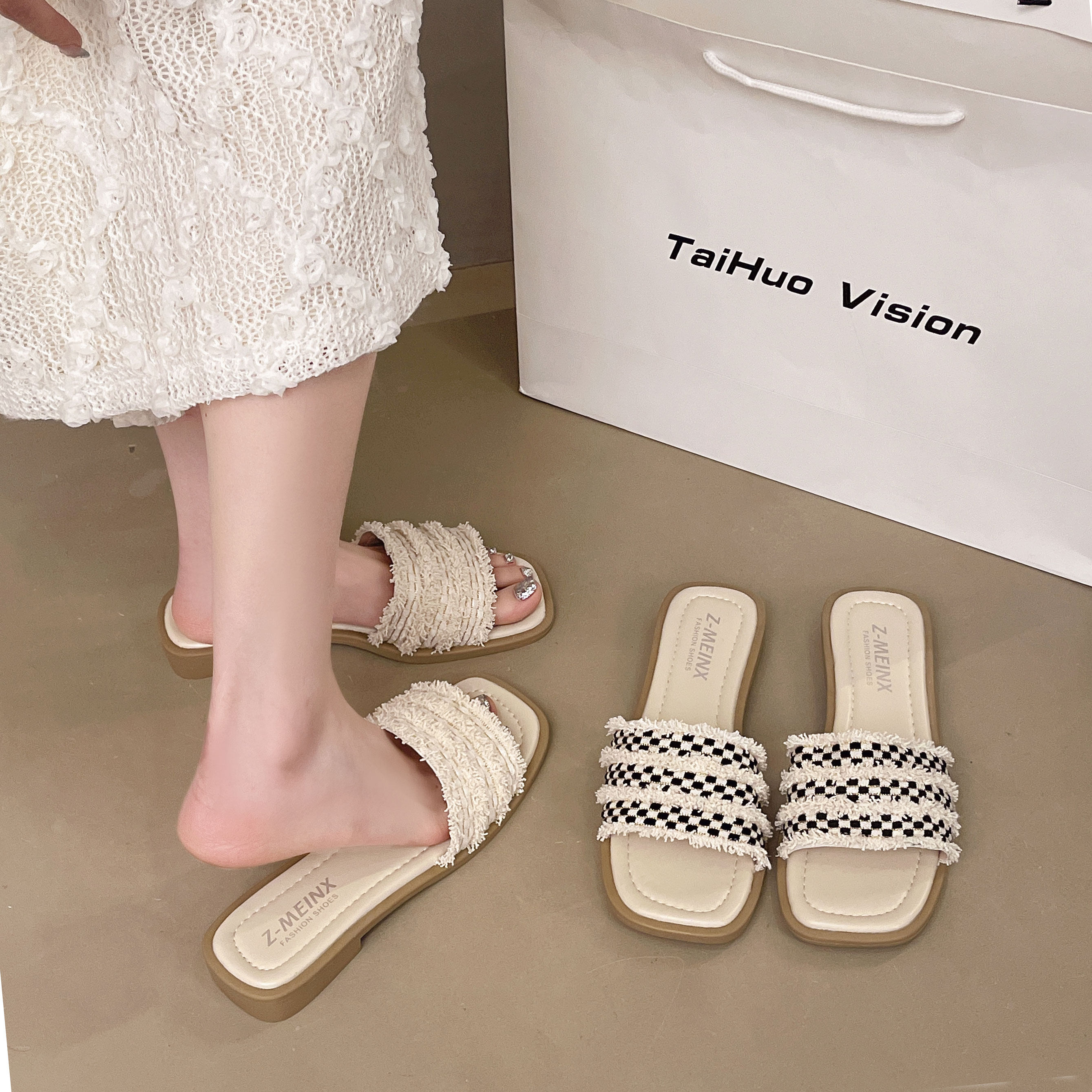 波西米亚小香风平底低跟凉拖鞋女外穿夏天女休闲绝美配裙子一字拖,淘宝优惠券,粉丝福利购,淘宝优惠卷