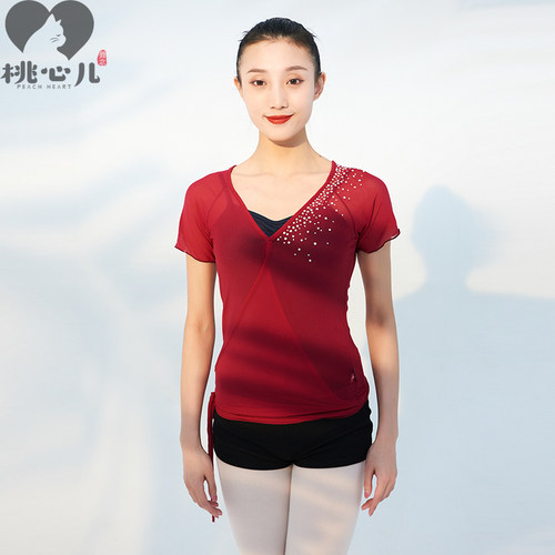 古典舞身韵纱衣舞蹈服女现代舞艺考基训服绑带上衣短袖芭蕾练功服 - 图0