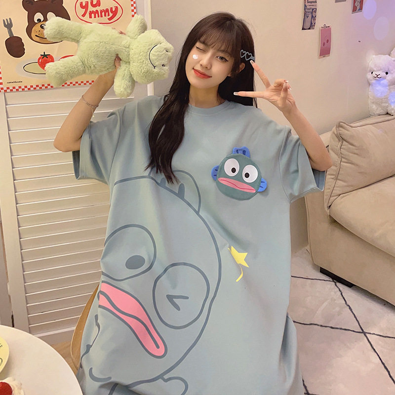 丑鱼连体睡衣男女夏季短袖纯棉加大码宽松可爱卡通中长款情侣睡裙,淘宝优惠券,粉丝福利购,淘宝优惠卷