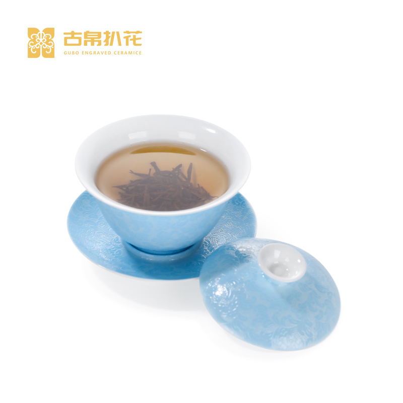 古帛扒花 盖碗《清欢》景德镇制手工瓷器高档茶具礼盒 天青色盖碗