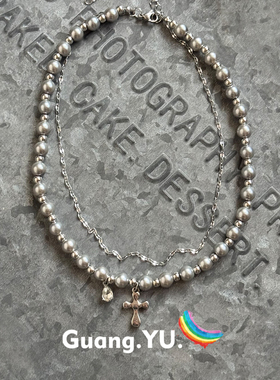 GuangYu灰色珍珠十字架项链男双层叠戴设计感小众个性颈链锁骨链