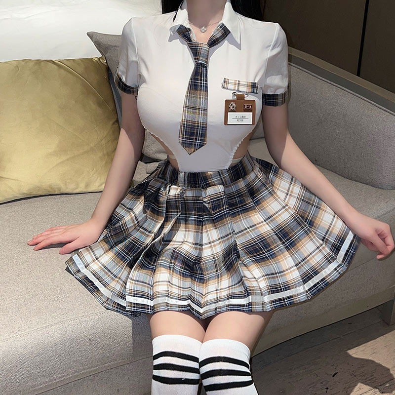 姬GILL:夏季学生jk制服套装短袖宽松休闲格子t恤短裙KTV工作服 - 图0