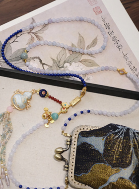 原创设计新中式项链女国风玉髓石长款斜挎链串珠斜挎包口金包